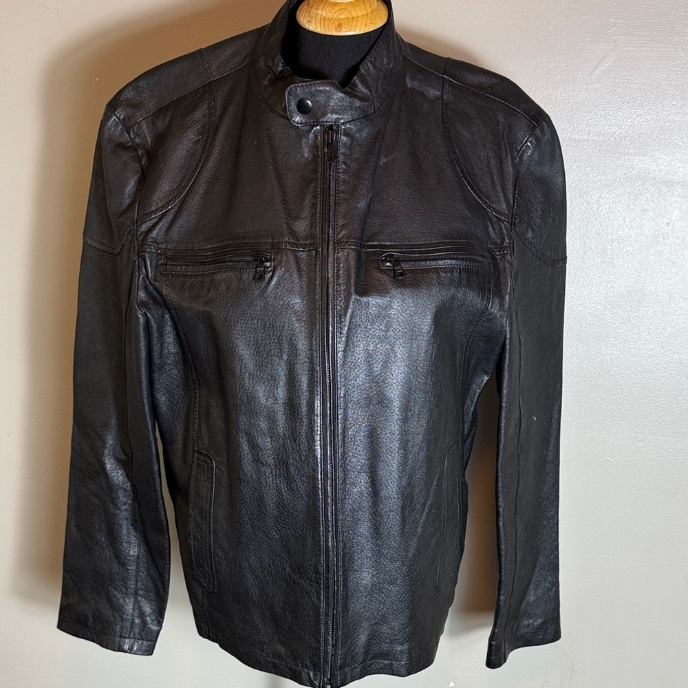 INC Men's Motorcycle Biker Black Leather Jacket Coat Sz L